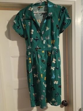 Teal Butterfly Print Short Sleeve Shirt Dress